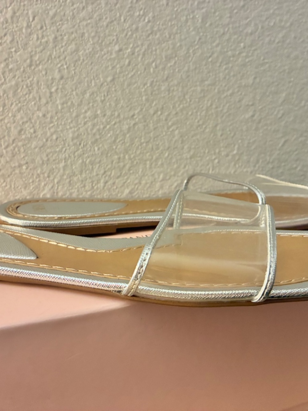Zara Vinyl Flat Slide Sandals - Silver/Tan Clear Square Toe Mules Size 39 - Picture 3 of 6